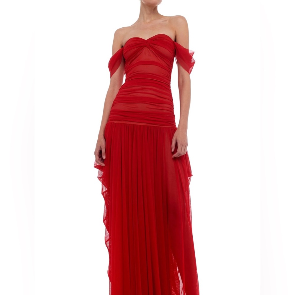 Norma Kamala Red Off-the-Shoulder Mesh Gown - Size S